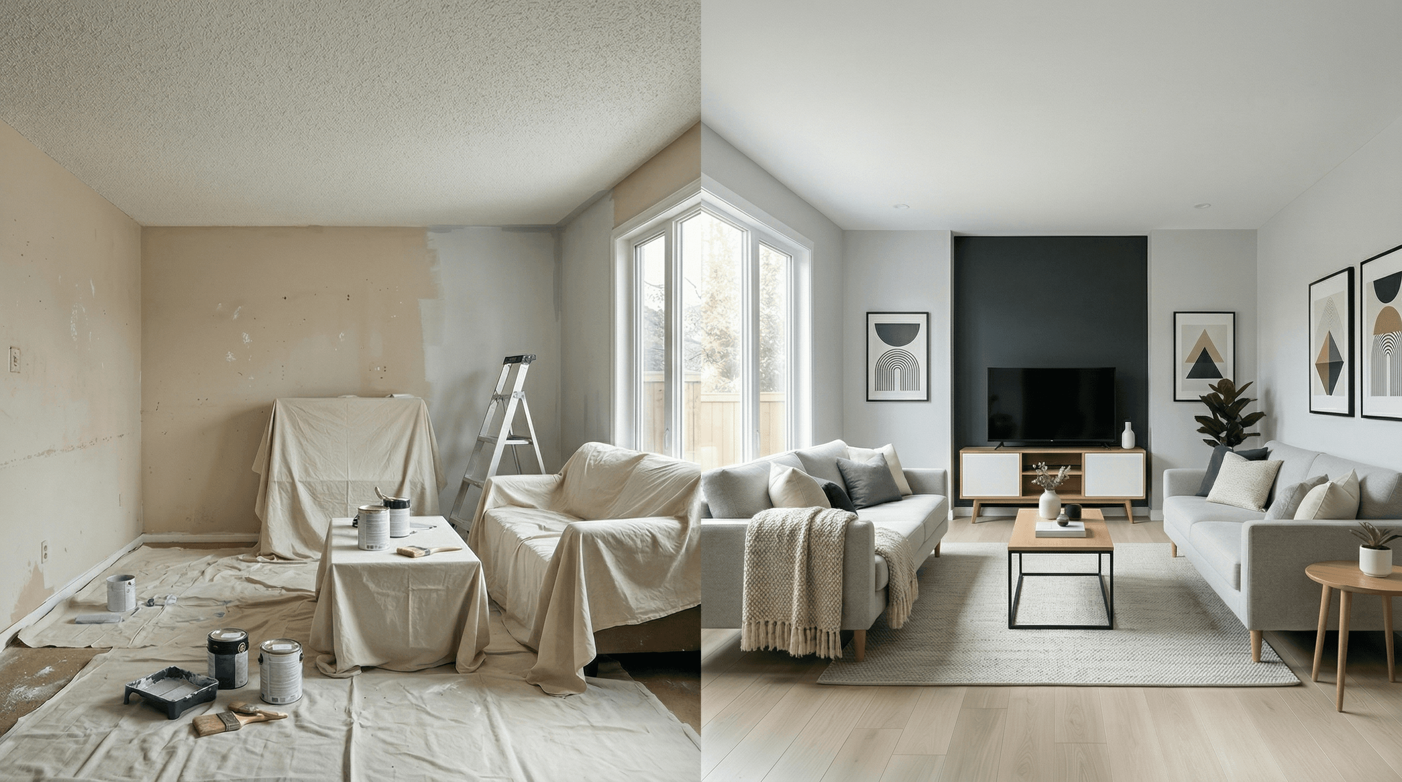 Living room renovation before and after transformation showing full repaint and interior styling upgrade
