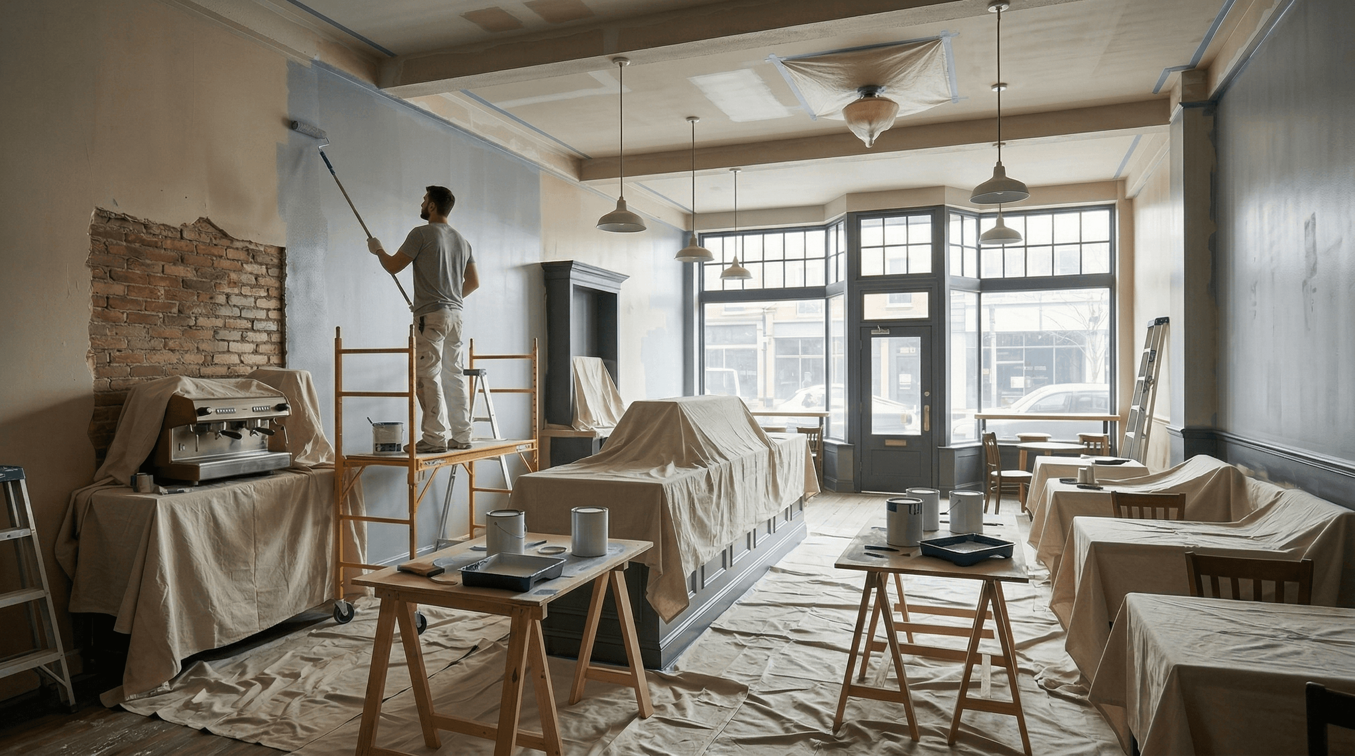 Commercial interior repaint in progress with walls, ceiling, and trim being refreshed in a cafe fitout